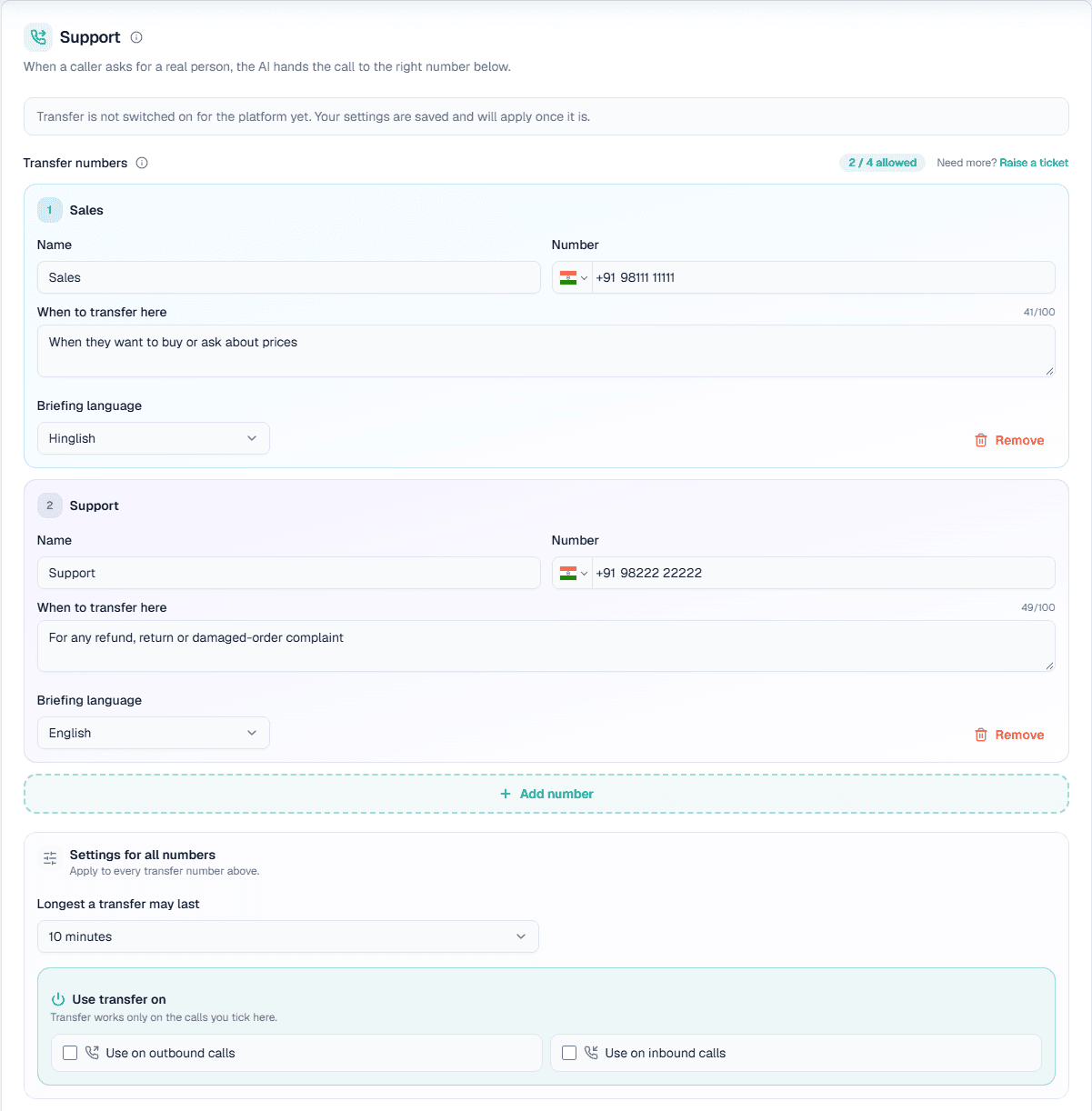 Call transfer settings in MySA Business for handing an AI call to a person on your team