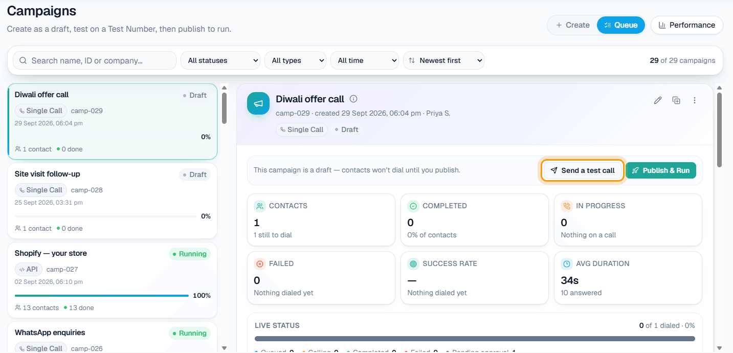 Campaigns queue in MySA Business with draft and running campaigns, a Send a test call button and live progress