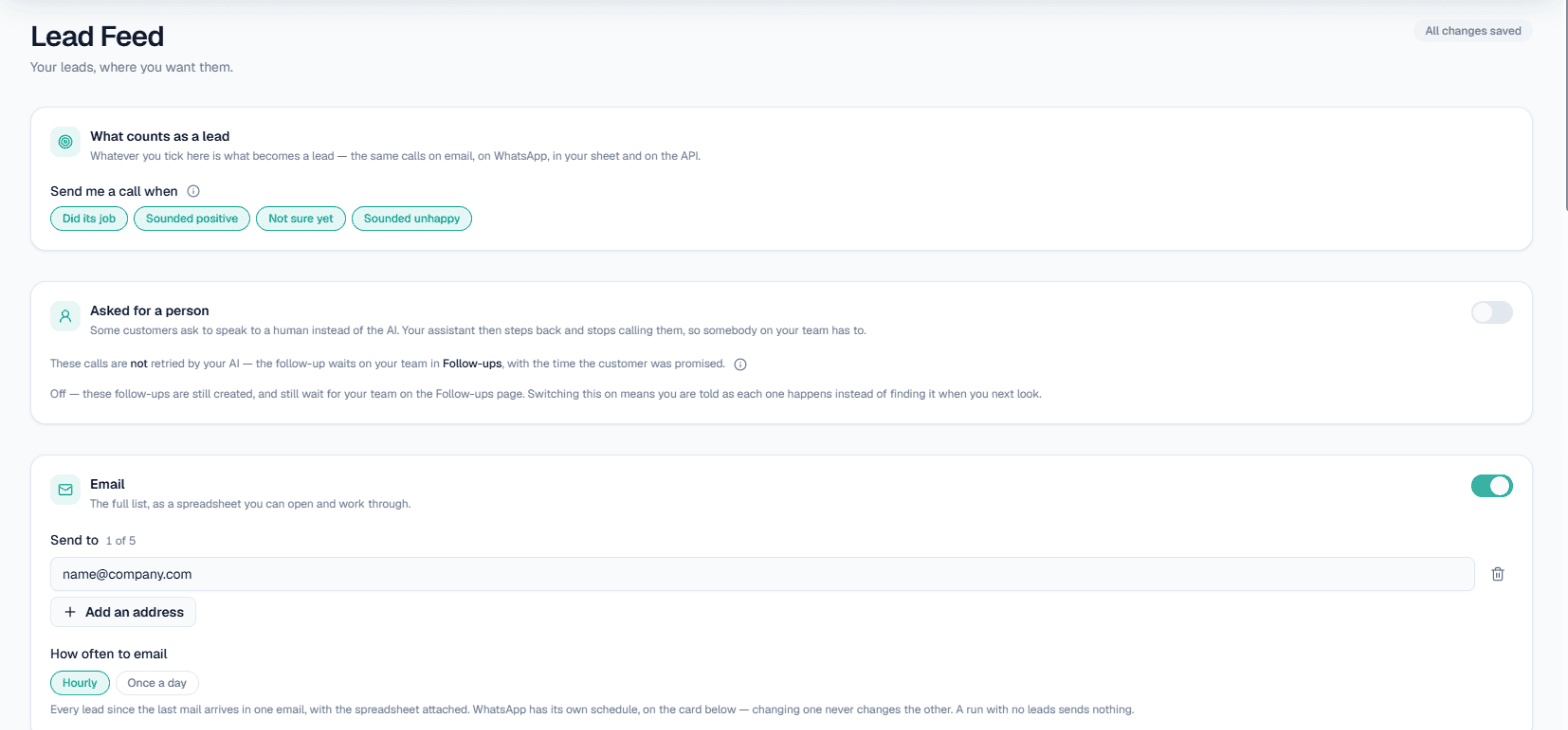 Lead Feed settings in MySA Business: choose what counts as a lead and deliver leads by email