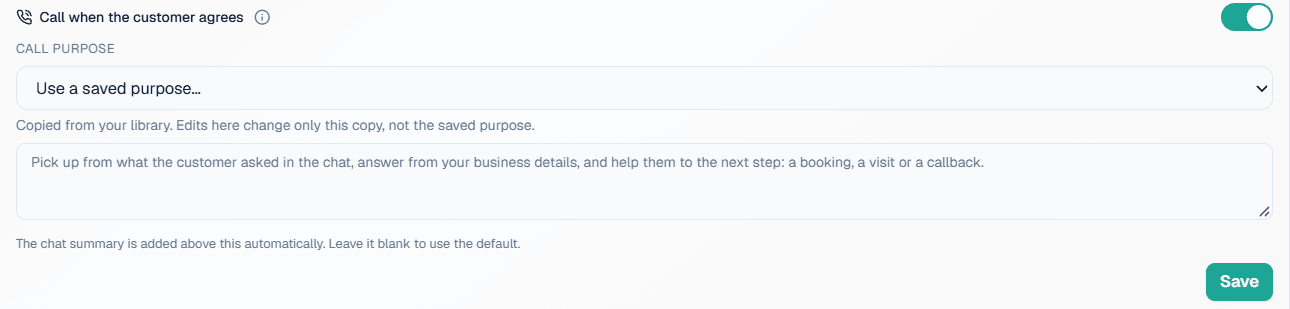 The Call when the customer agrees setting in MySA Business with a call purpose for calls placed from a chat