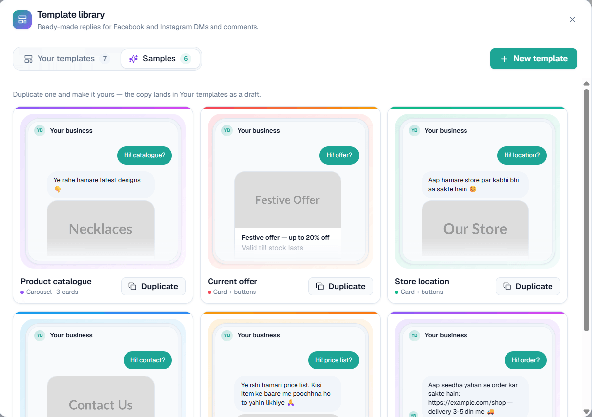 Template library in MySA Business with sample Instagram and Facebook replies: product catalogue carousel, current offer, store location and price list
