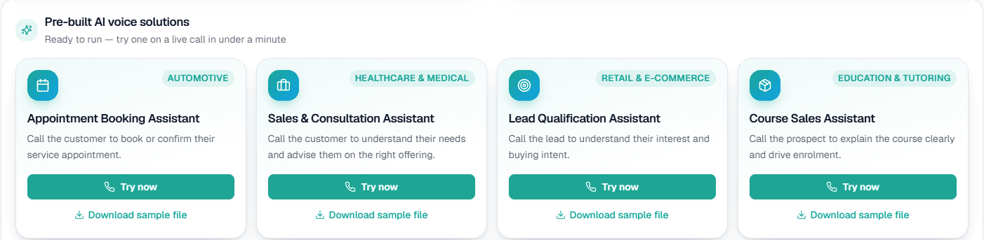Pre-built AI voice solutions in MySA Business: appointment booking, sales and consultation, lead qualification and course sales assistants, each with Try now