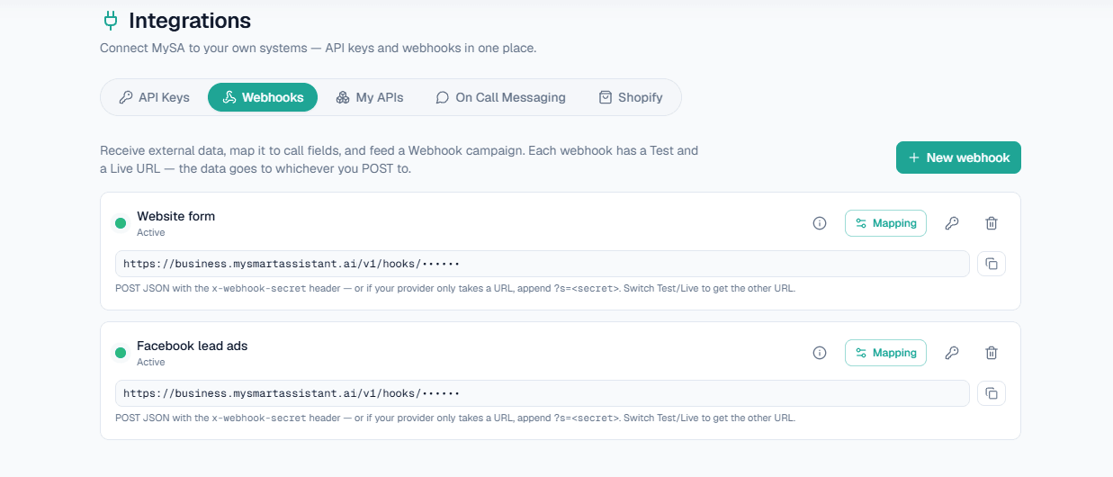 Integrations → Webhooks in MySA Business with active webhooks for a website form and Facebook lead ads