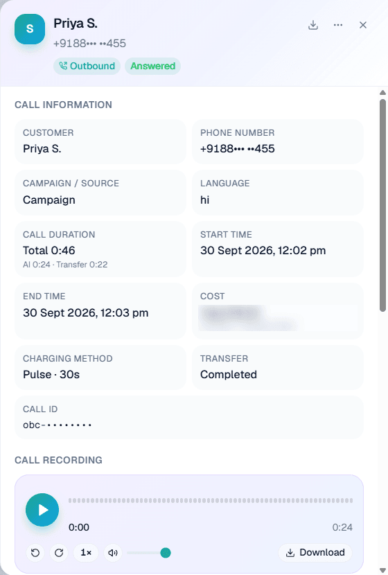 Call detail panel in MySA Business showing customer, language, duration, cost, transfer status and the call recording player