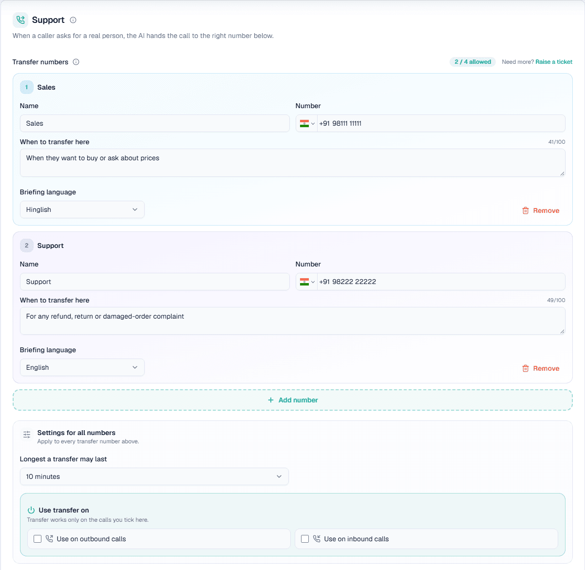 MySA Business Call transfer settings: Sales and Support numbers, each with when to transfer here and a briefing language, the longest transfer and the outbound and inbound switches