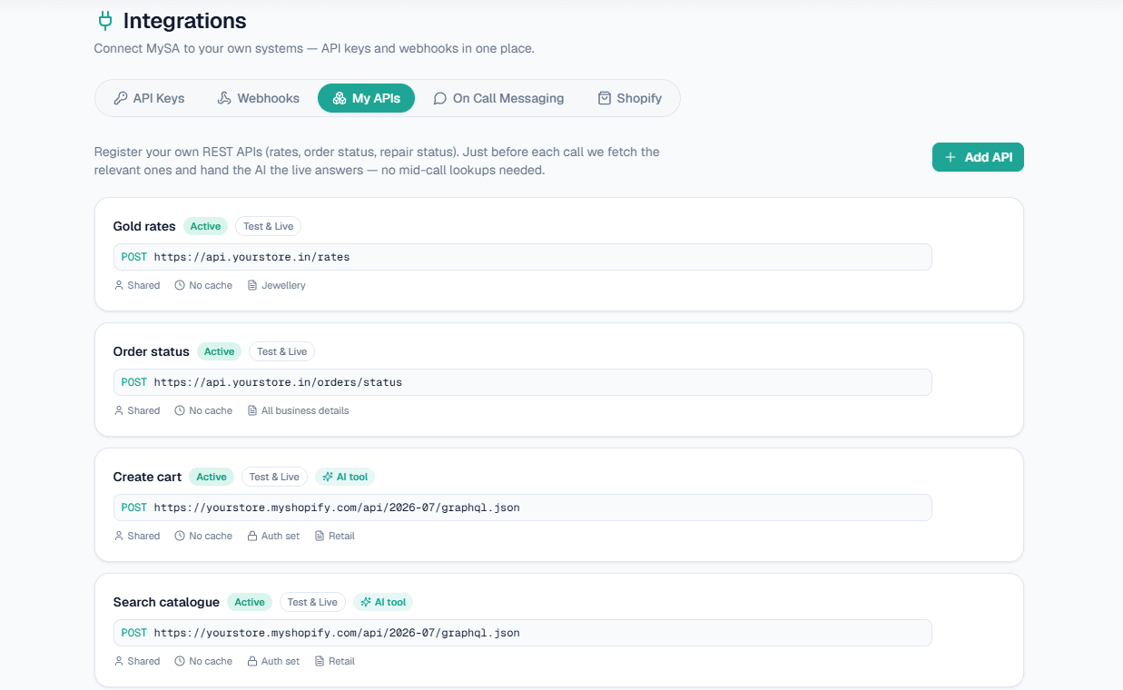 My APIs in MySA Business: registered REST APIs the AI reads live data from