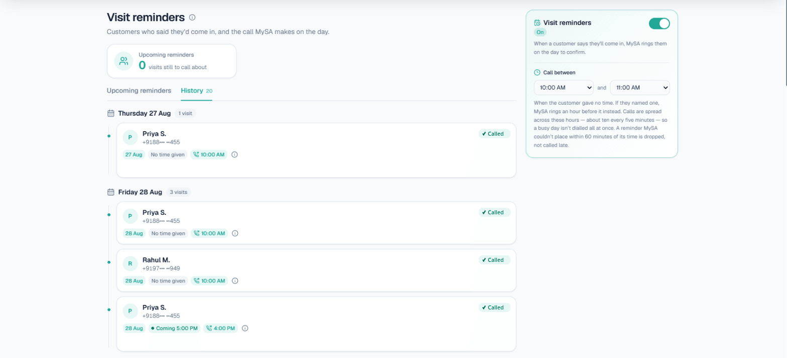 MySA Business Visit reminders history: visits customers mentioned on calls, grouped by day, each reminder call marked Called