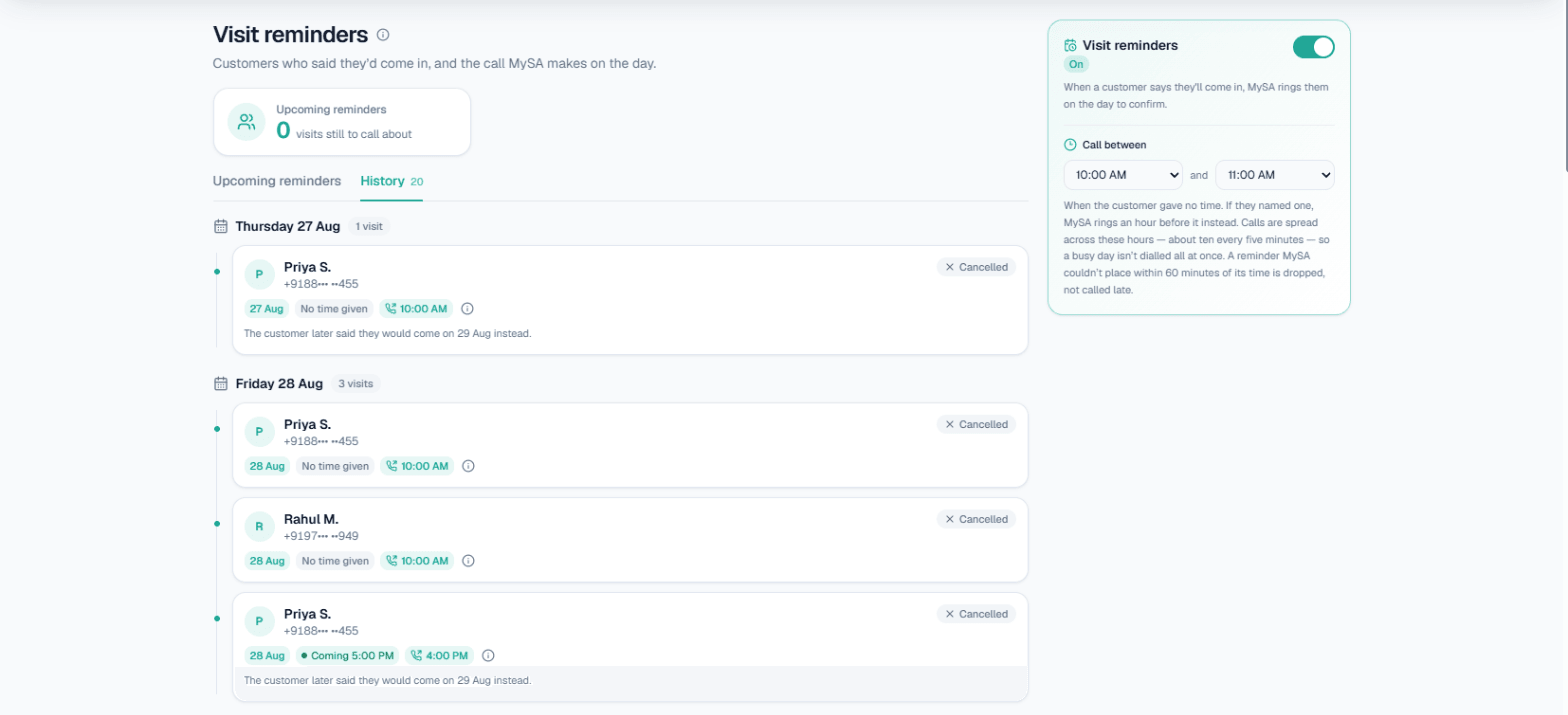 Visit reminders history in MySA Business: visits customers mentioned on calls, grouped by day, with the reminder call status