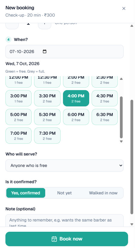 New booking: free times, who will serve, and whether it is confirmed