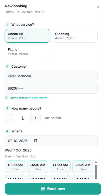 New booking: service, customer, people and day