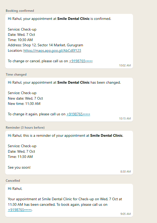 The four WhatsApp messages a customer gets (sample)