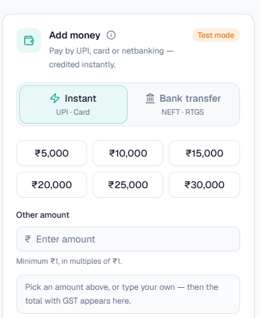 Add money → Instant (UPI, card)