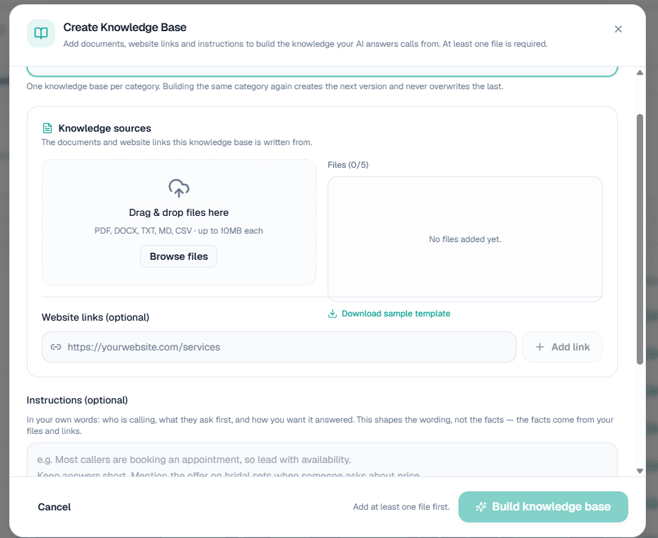 Create Knowledge Base: files, website links and instructions