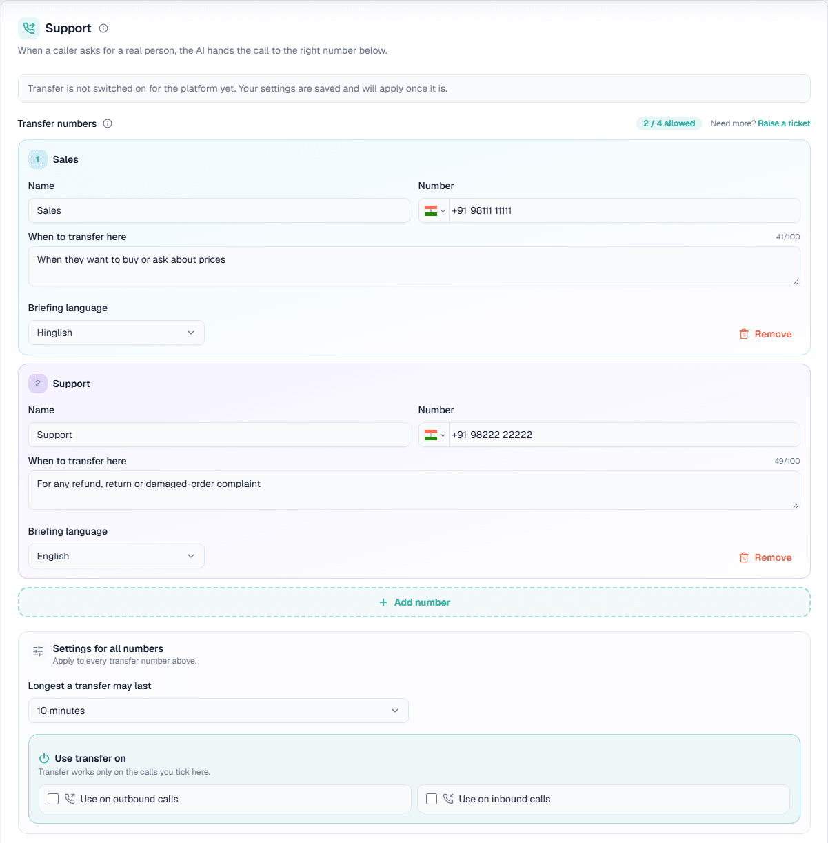 Call transfer settings: two named numbers (Sales and Support), each with its own when-to-transfer and briefing language, the allowed count, Add number, and the settings for all numbers: max length and Use transfer on