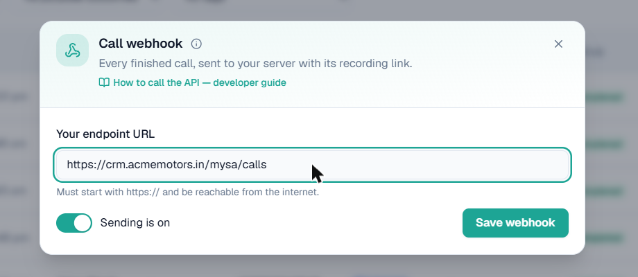 The Call webhook panel with an endpoint URL entered