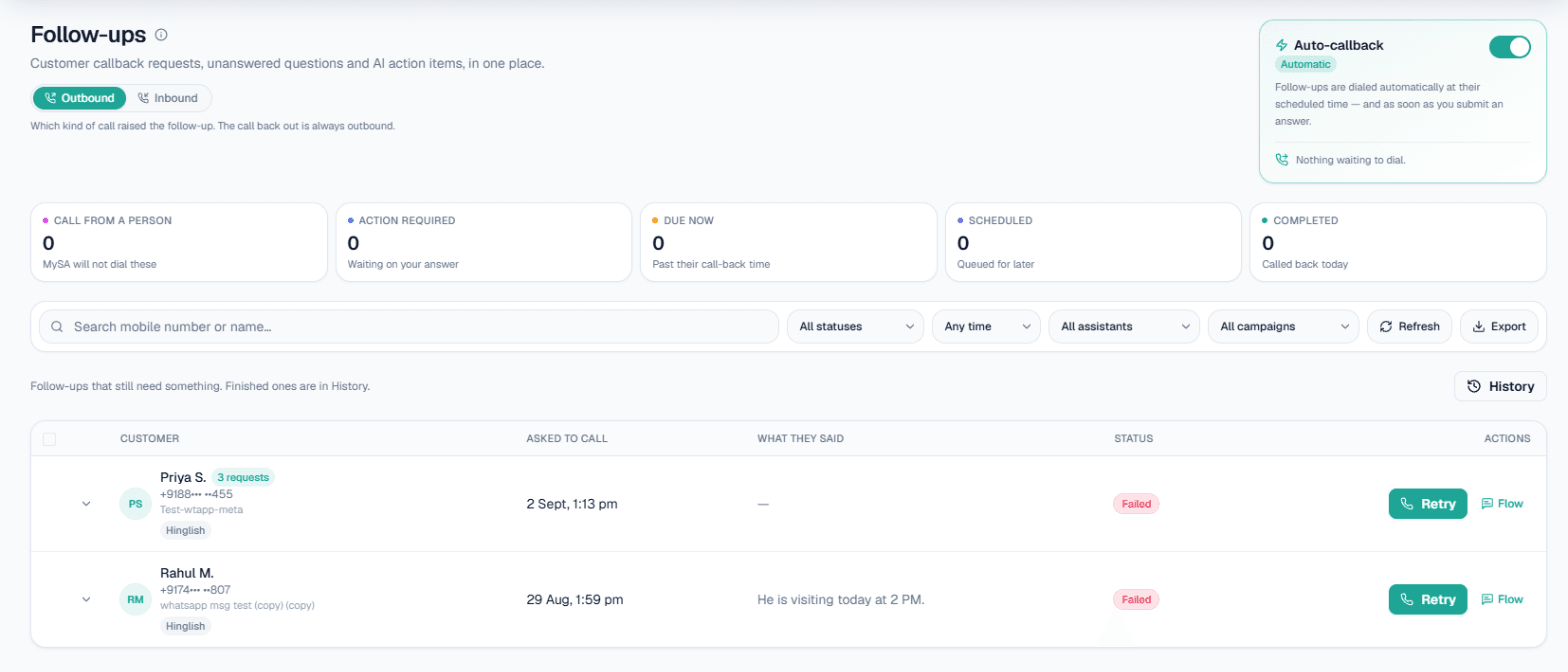 Follow-ups with status cards and Auto-callback