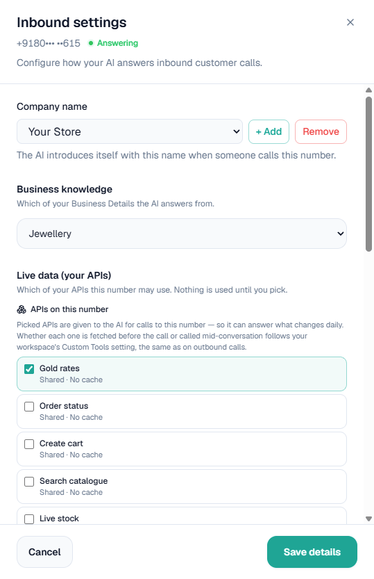 Inbound settings panel: company name, business knowledge and live data