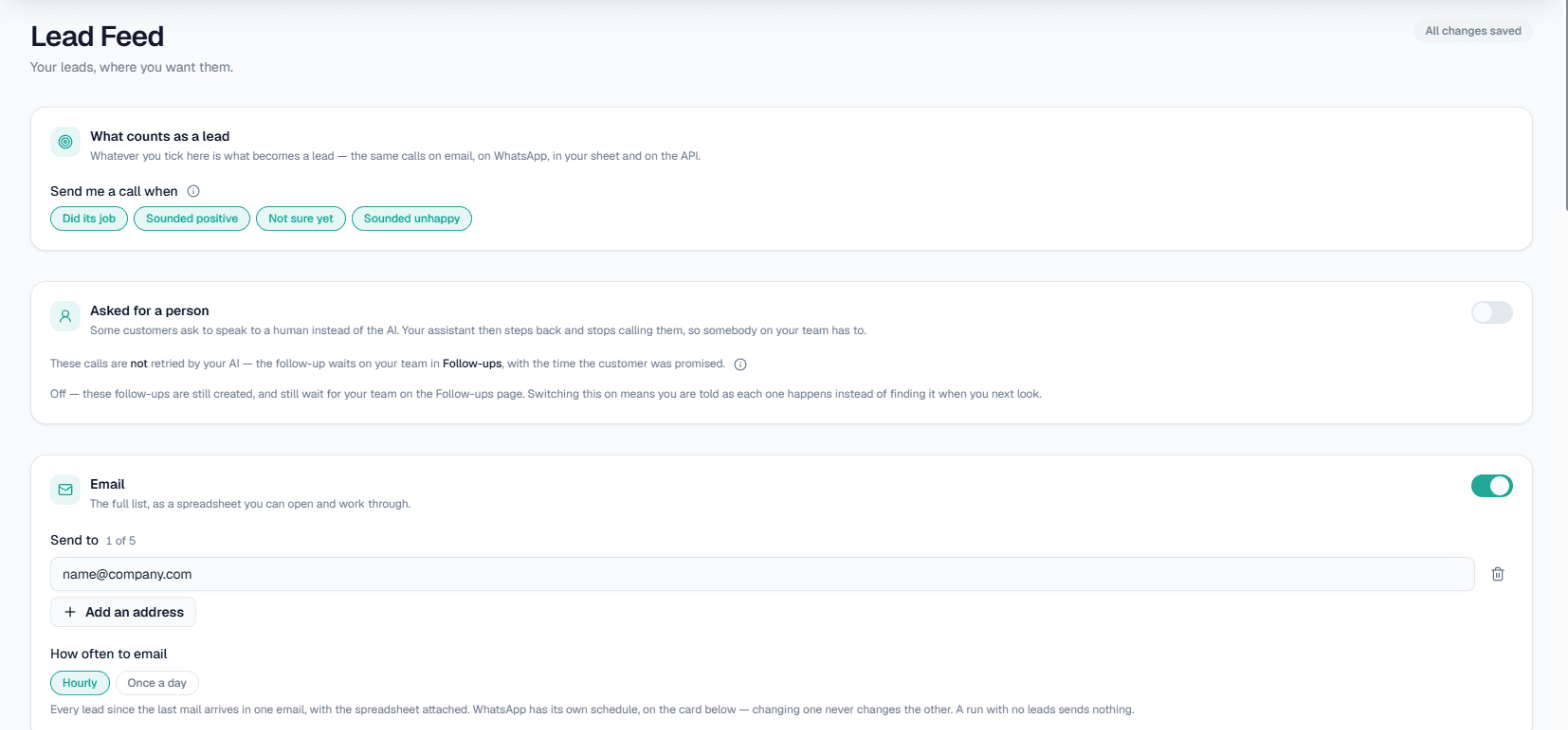 Lead Feed: what counts as a lead and the Email card