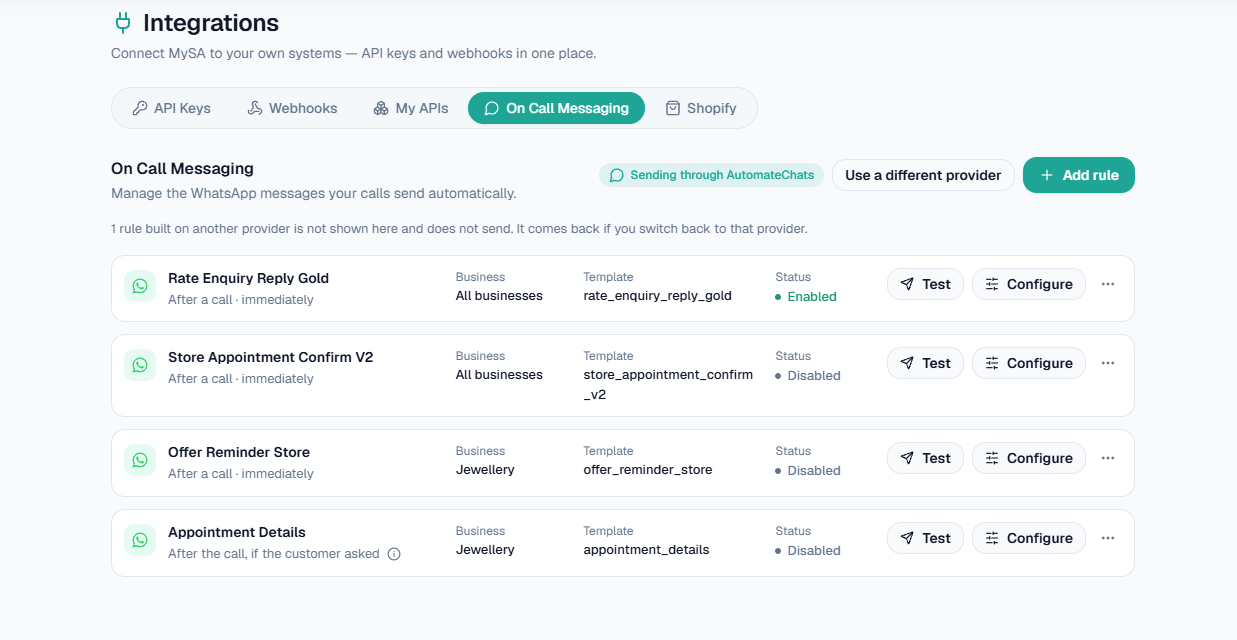 Integrations → On Call Messaging