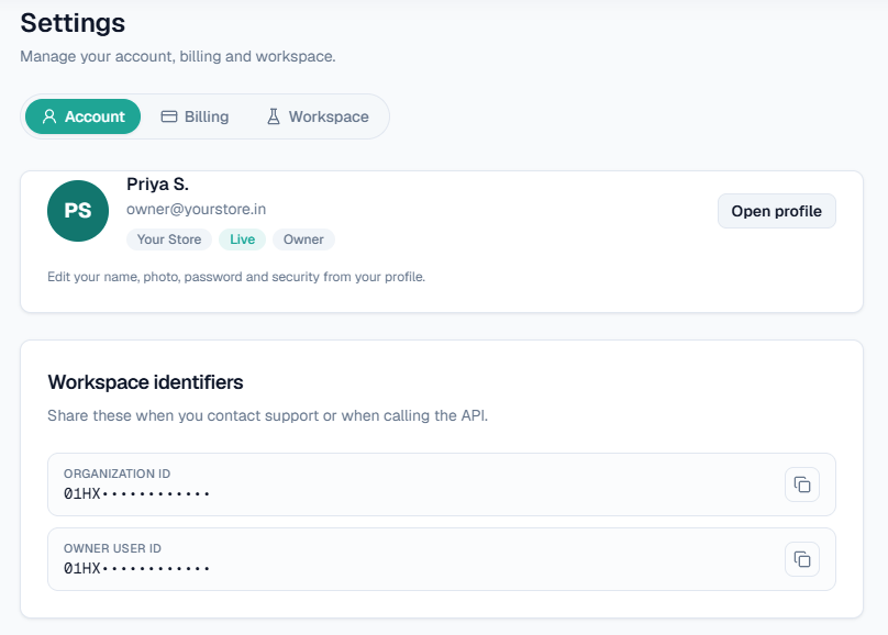 Settings → Account with the workspace identifiers