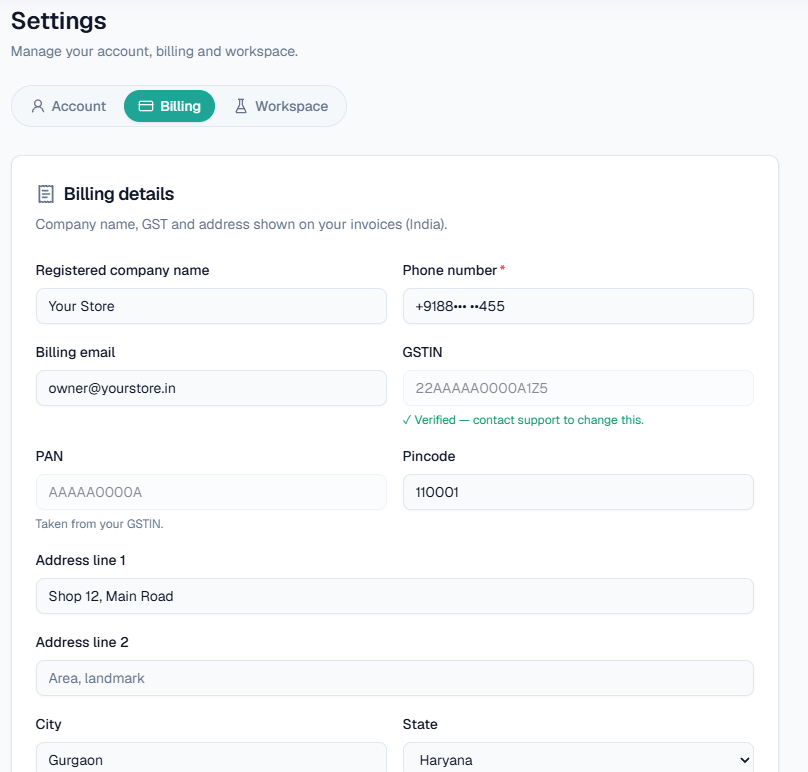 Settings → Billing: company name, GSTIN, PAN and address