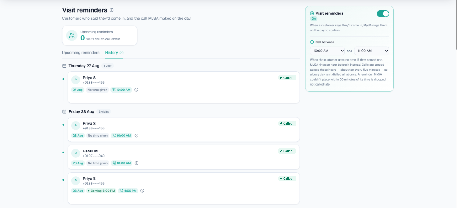 Visit reminders: visits customers mentioned on calls, grouped by day, each reminder call marked Called